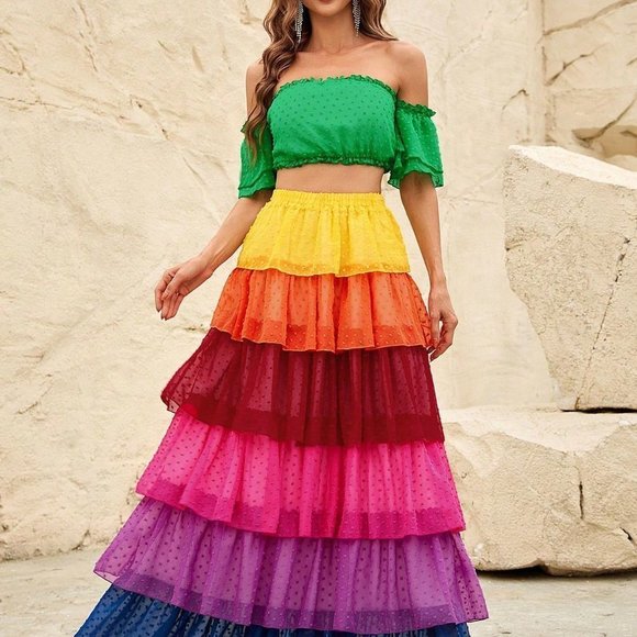Multicolor Casual Womens Off Shoulder Crop Top & Colorblock Layered Hem Skirt - Picture 4 of 5